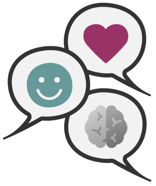 3 Sprechblasen mit einem roten Herz, einem blauen Smiley und einem grauen Gehirn